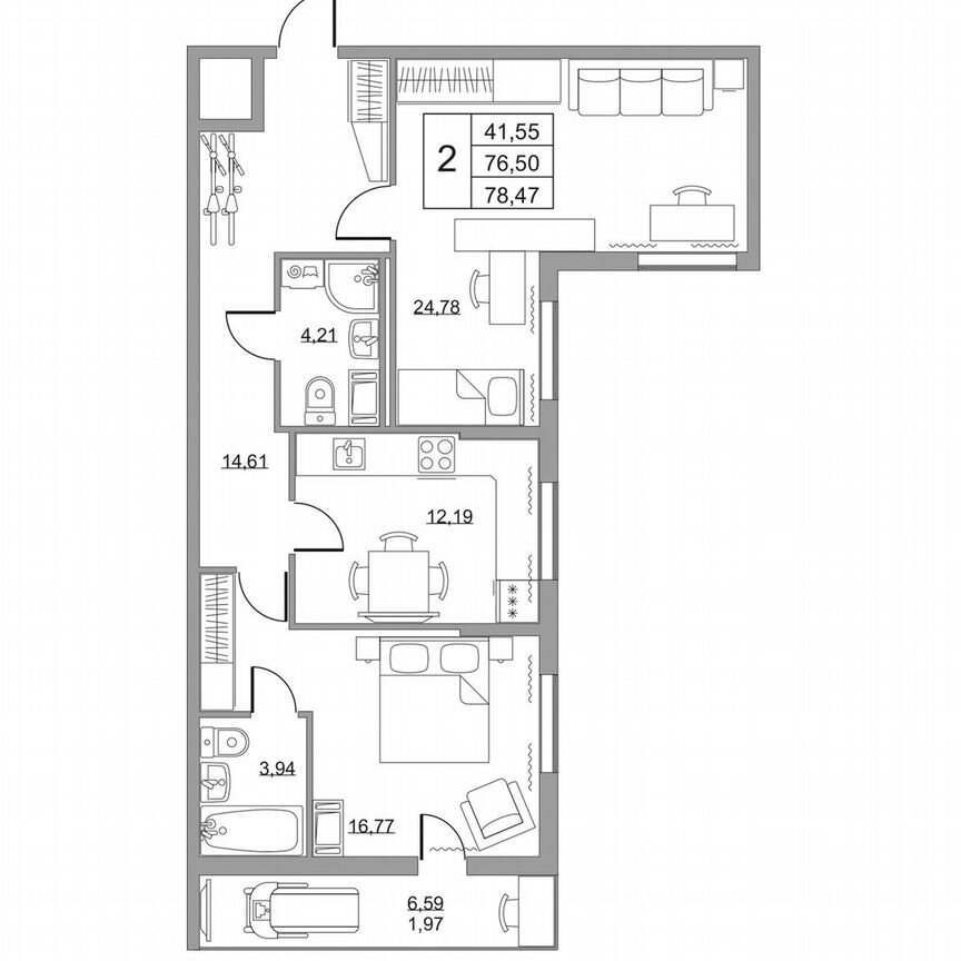 2-к. квартира, 78,5 м², 7/19 эт.