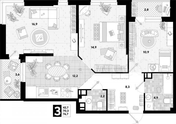 3-к. квартира, 76,7 м², 3/16 эт.