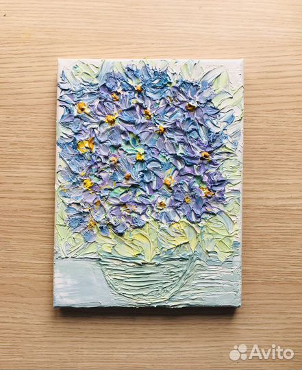 Картина маслом фиалки на холсте 24з18х1,5 см