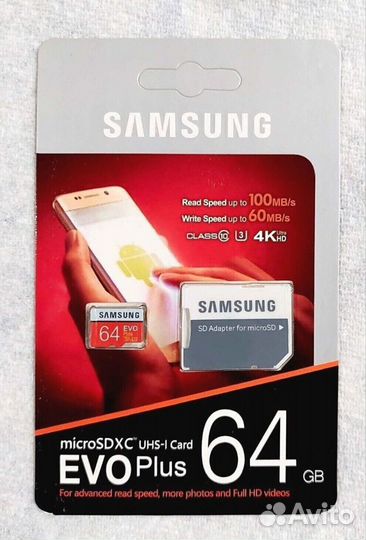 Флешка microSD Samsung EVO Plus, 64Gb, class 10