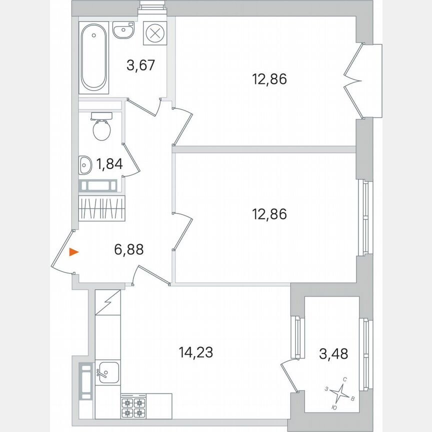 2-к. квартира, 54,1 м², 2/4 эт.