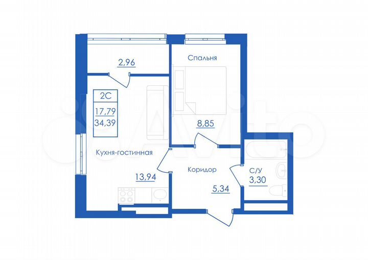 2-к. квартира, 34,4 м², 18/25 эт.