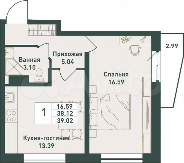 1-к. квартира, 39 м², 14/16 эт.