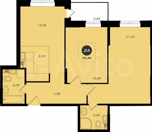 2-к. квартира, 70,3 м², 2/22 эт.