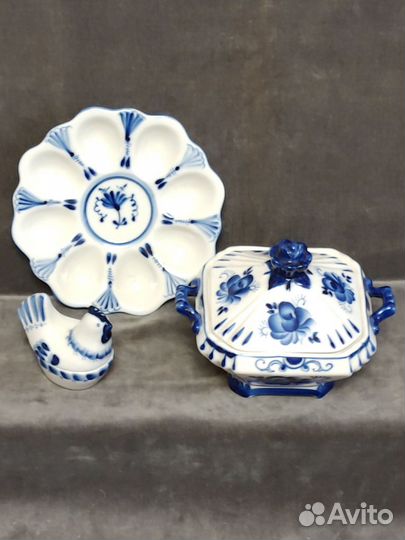 Шкатулка и Блюдо с солонкой, Чайник Гжель, СССР