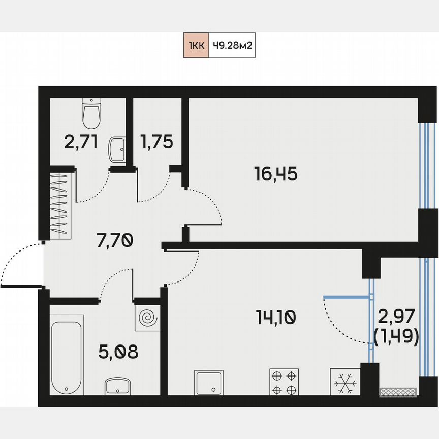 1-к. квартира, 49,4 м², 2/9 эт.
