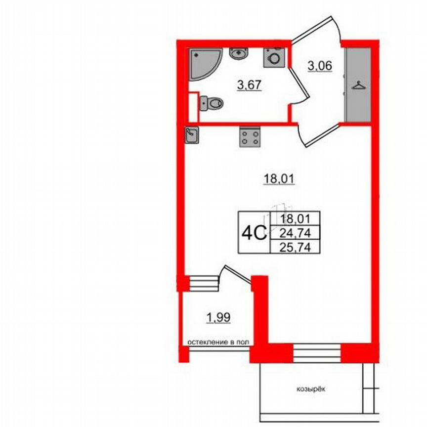 Квартира-студия, 24,7 м², 1/4 эт.