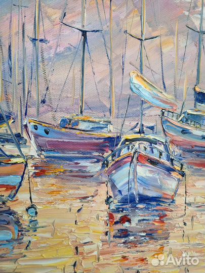 Картина маслом лодки закат горы море