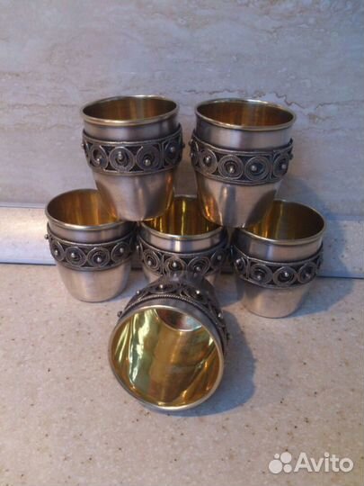 6 Стопок. Мельхиор, золочение, серебрение, скань