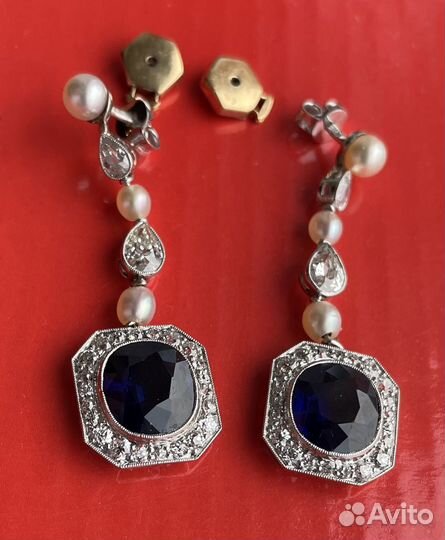 Платиновые серьги С сапфиром,бриллианты, жемчуг
