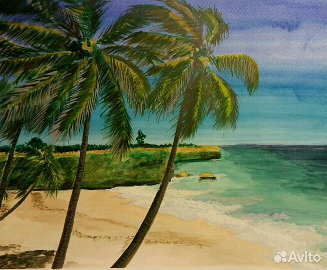 Картина акварелью. Пальмовый пляж Отличный подарок