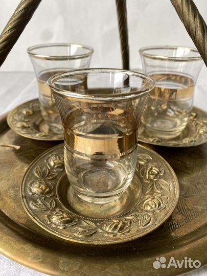 Латунный поднос для восточного чая со стаканчиками