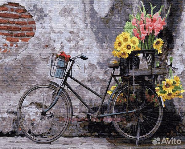 Картина по номерам 40x50 Велосипед с ящиком цветов