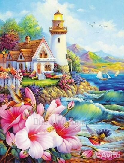 Алмазная мозаика 40x50 Маяк с домиком и цветами у