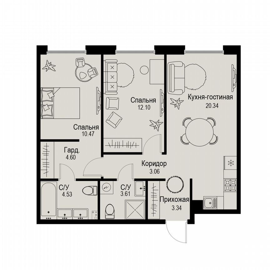 2-к. квартира, 62,1 м², 2/6 эт.