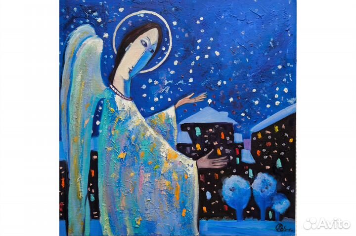 Картина Ангел городской пейзаж на заказ 40х40