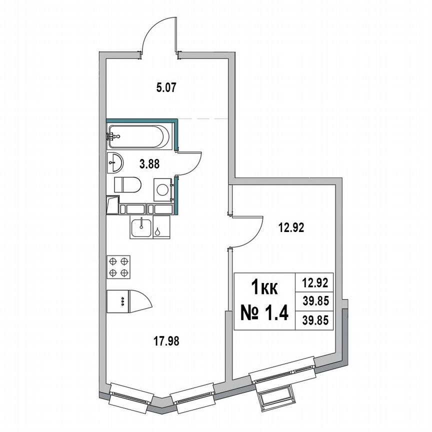 1-к. квартира, 39,9 м², 1/7 эт.
