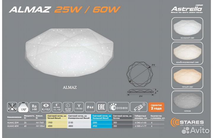 Управляемый светодиодный светильник almaz 60W