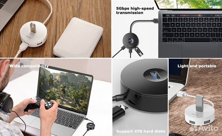 HUB USB-C Baseus Round Box 4 USB-A Новый