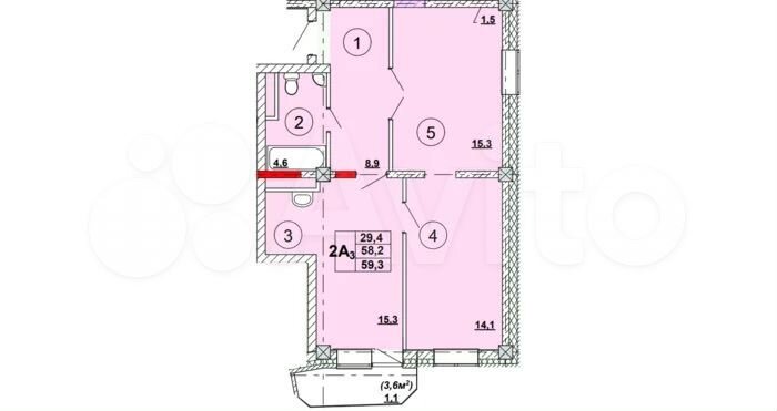 2-к. квартира, 60 м², 3/12 эт.
