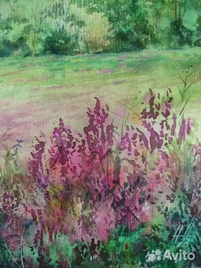 Картина акварелью. Летний пейзаж. Размер 30х40 см