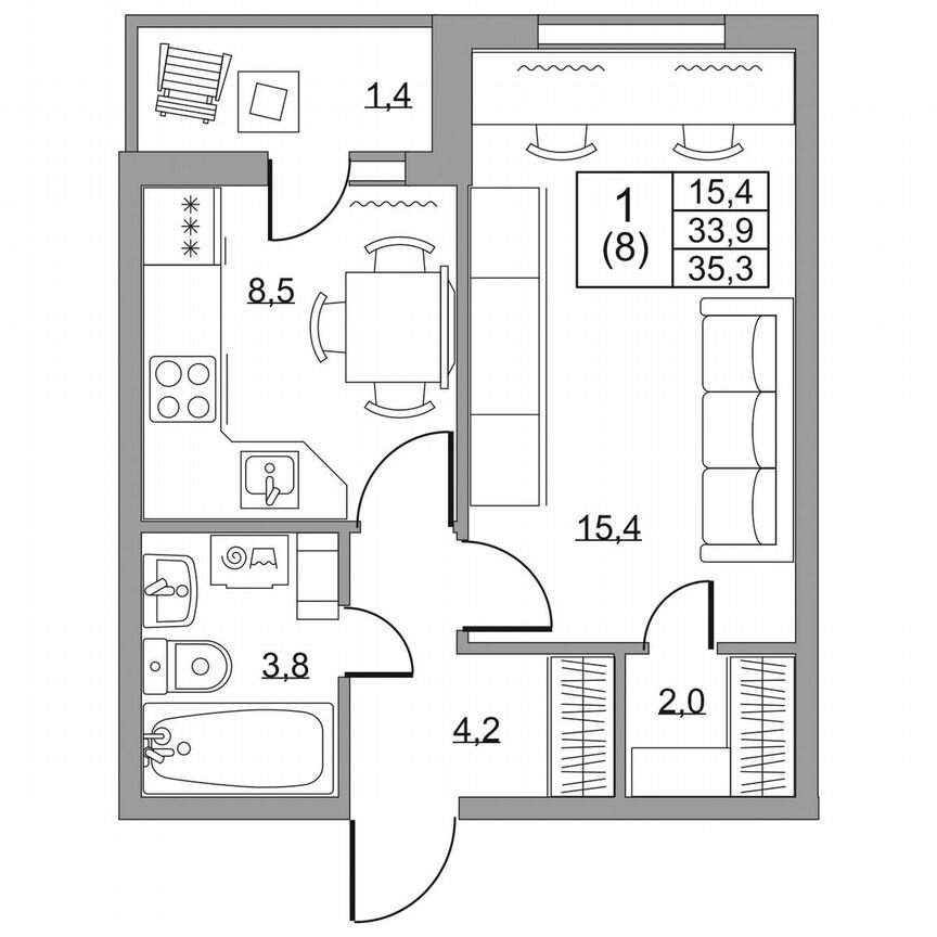 1-к. квартира, 35,3 м², 8/8 эт.