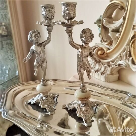 Антикварные подсвечники с Путти серебрение Италия