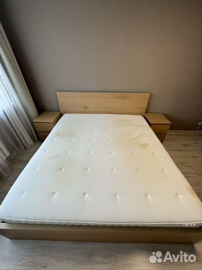 Кровать IKEA malm 180*200 с матрасом и 2 тумбами