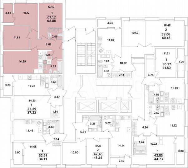 3-к. квартира, 68,9 м², 17/22 эт.