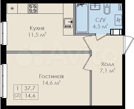 1-к. квартира, 37,7 м², 8/9 эт.
