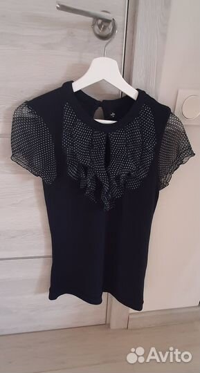 Блузка pin up жабо, синяя в горошек, р.46-48