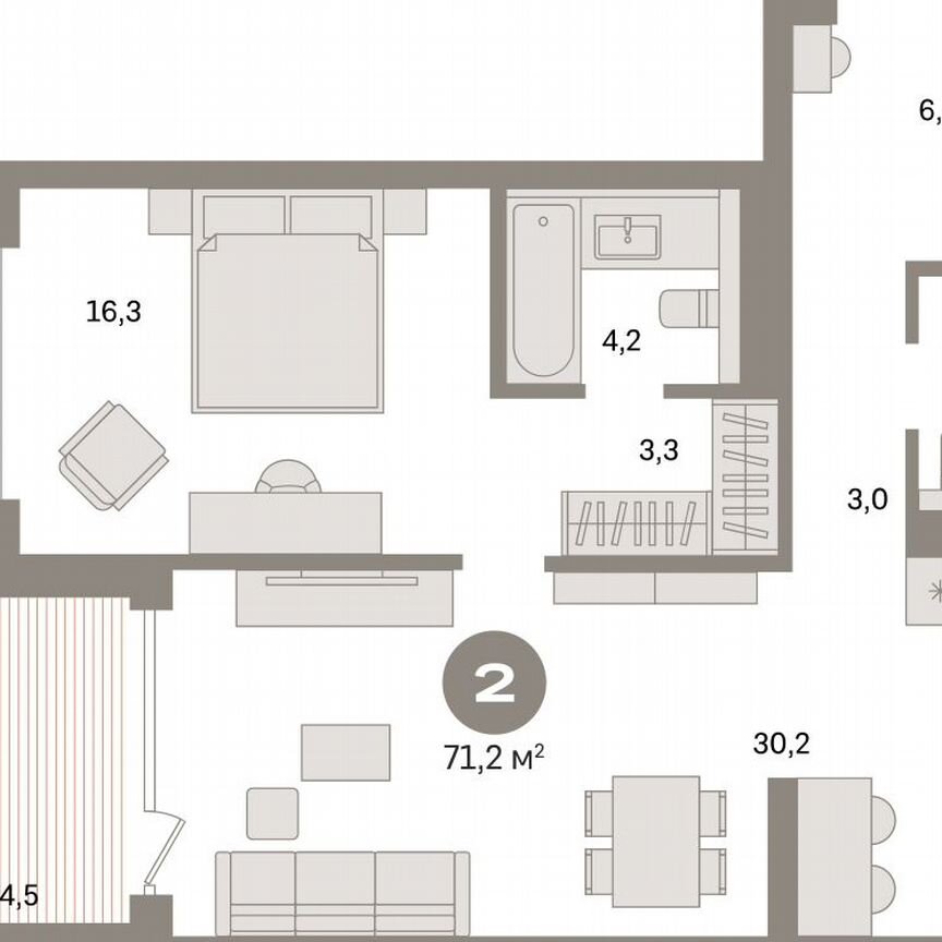 1-к. квартира, 71,2 м², 3/16 эт.