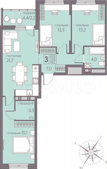 3-к. квартира, 79 м², 3/22 эт.