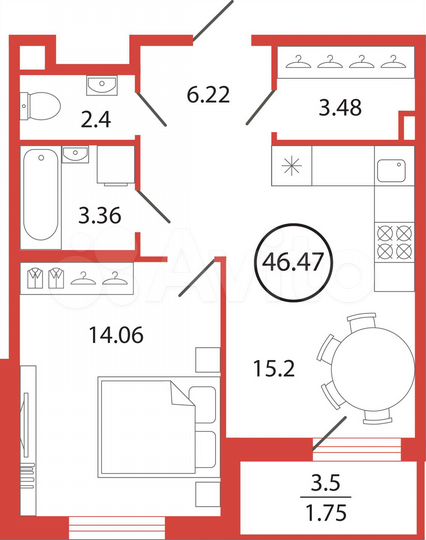 1-к. квартира, 46,5 м², 12/12 эт.