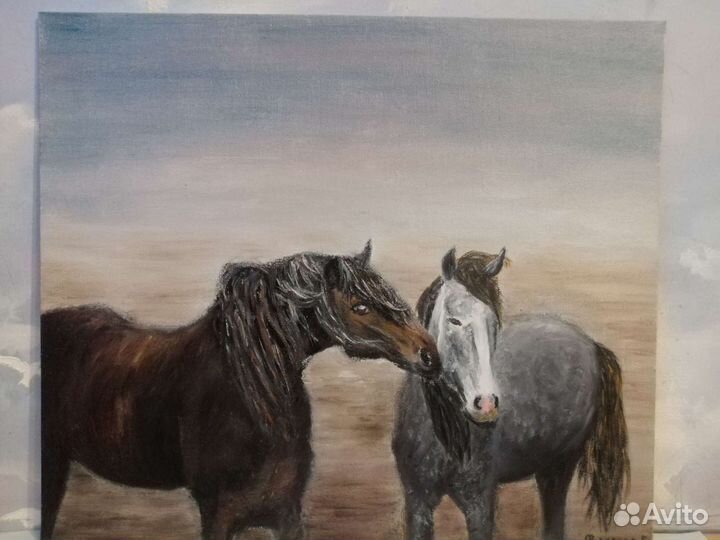 Картина маслом на холсте 30* 35см лошади 