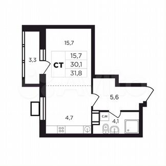 Квартира-студия, 33,4 м², 6/9 эт.