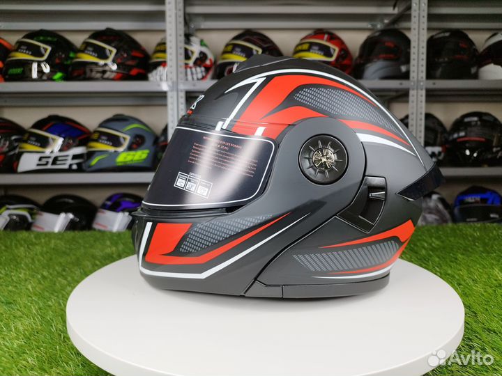 Мотошлем – модуляр IBK. Черный матовый с красным