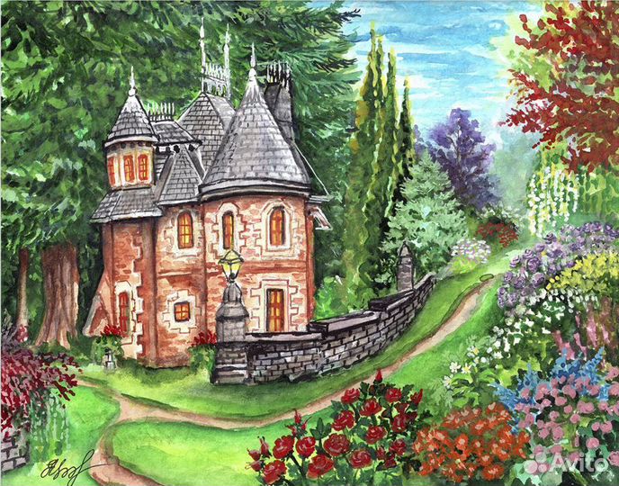 Картина акварелью Замок в лесу