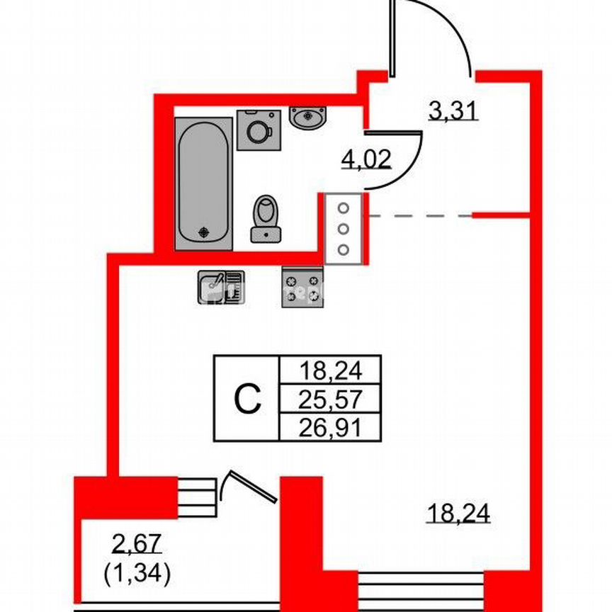 Квартира-студия, 25,6 м², 10/12 эт.