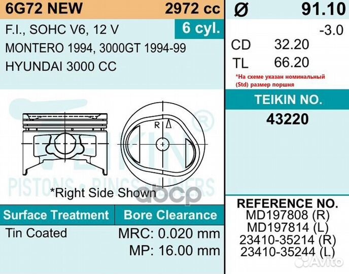 Поршни (к-т 6 шт) STD mitsubishi pajero V23/V43
