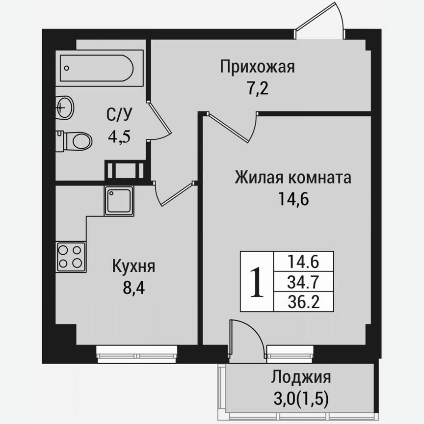 1-к. квартира, 37,4 м², 3/15 эт.