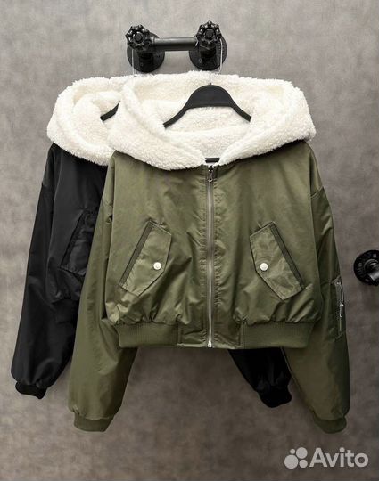 Бомбер женский двусторонний плащевка/пушистик