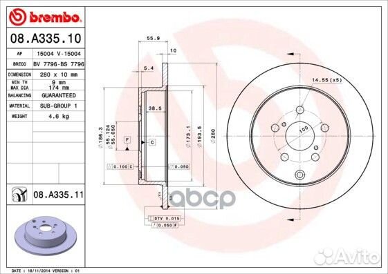 Диск торм. зад.280x10 5 отв. 08.A335.10 Brembo