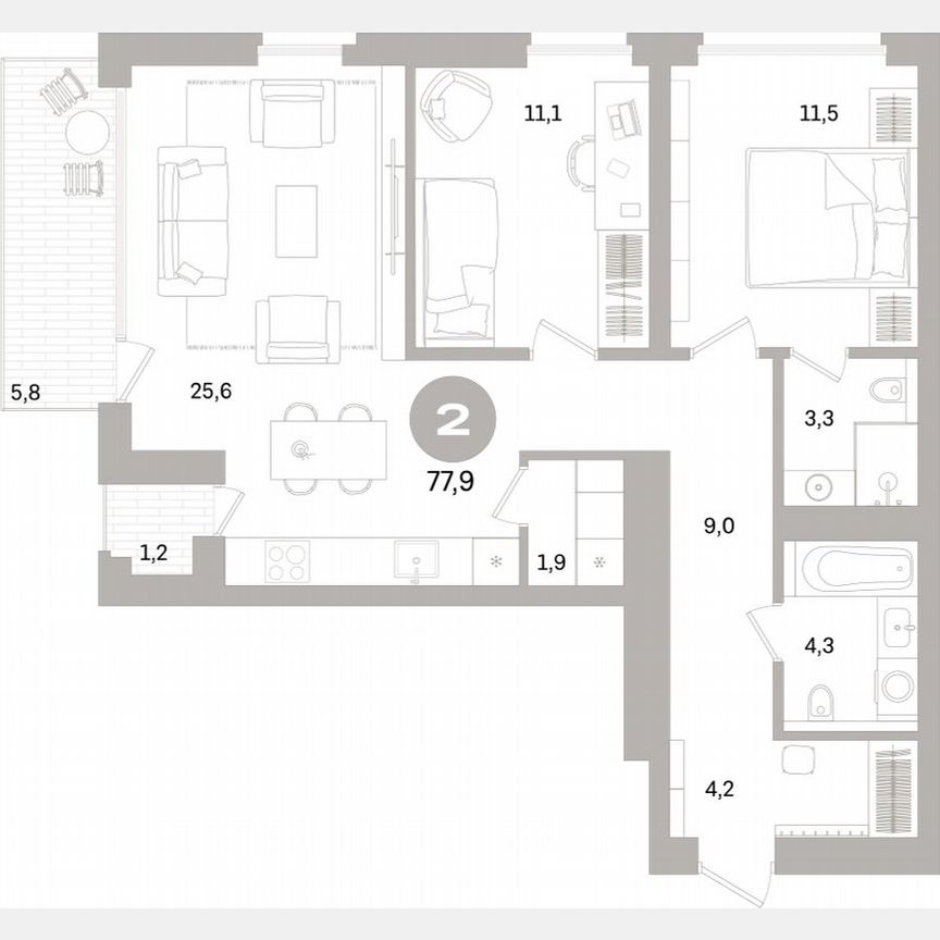 2-к. квартира, 77,5 м², 6/15 эт.