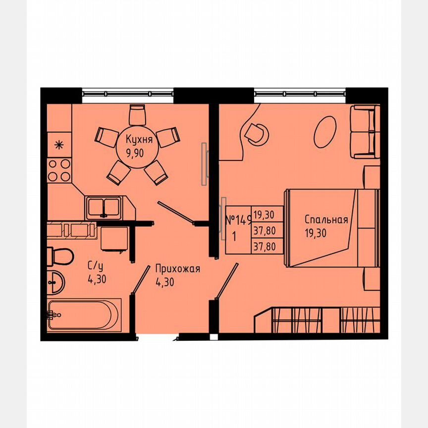 1-к. квартира, 37,8 м², 8/8 эт.