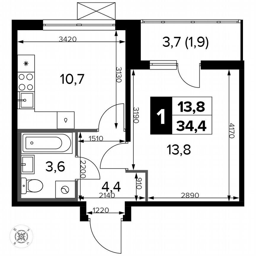 1-к. квартира, 34,4 м², 10/14 эт.