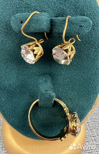 Серьги кольцо позолота чешское стекло СССР винтаж