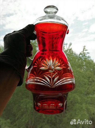 Рубиновое стекло. Кувшин и два стакана. Винтаж