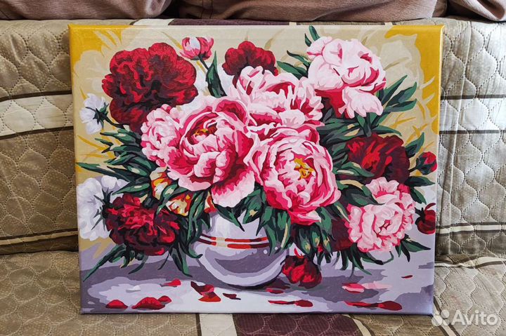 Картина интерьерная по номерам готовая. Пионы
