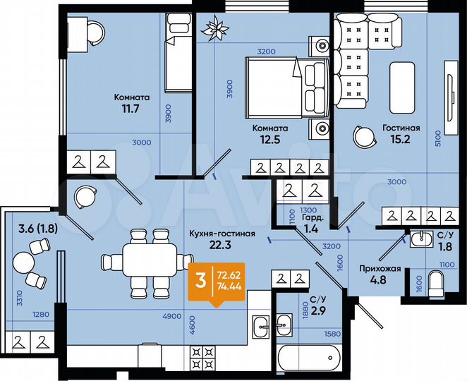 3-к. квартира, 74,4 м², 7/9 эт.